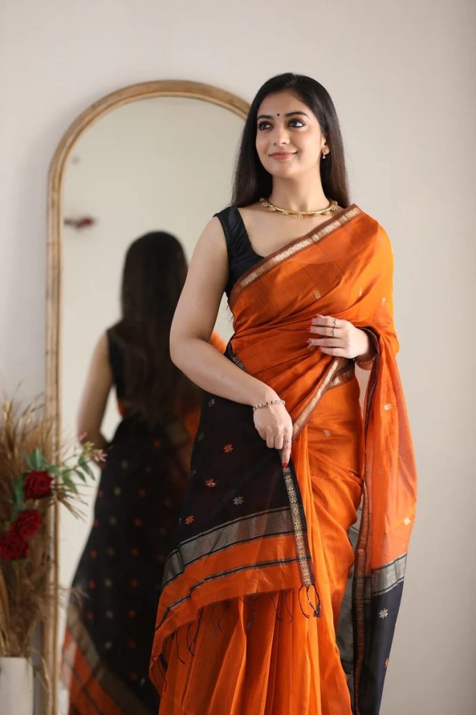 AXONIT Women's Cotton Saree with Zari Motifs & Dual Tone Finish with Unstitched Blouse Piece