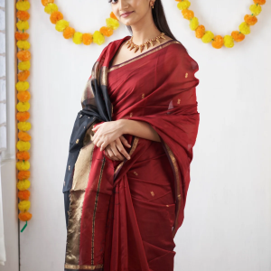 AXONIT Women's Cotton Saree with Zari Motifs & Dual Tone Finish with Unstitched Blouse Piece
