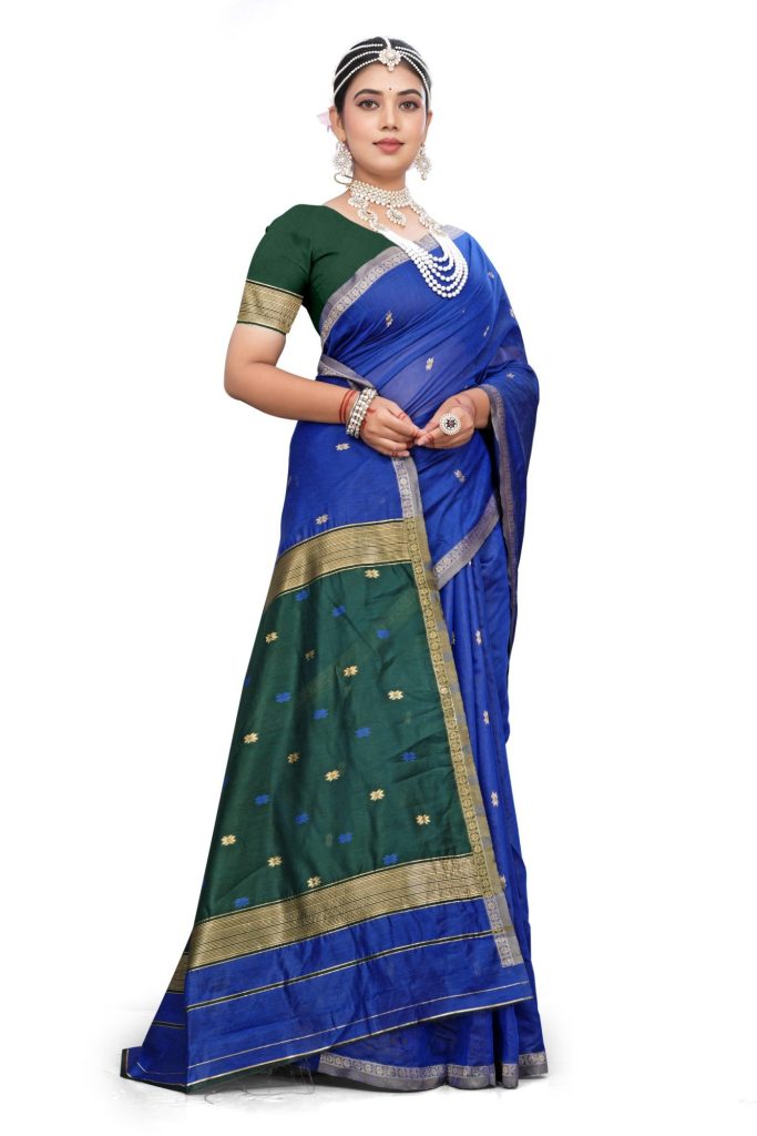 AXONIT Women's Cotton Saree with Zari Motifs & Dual Tone Finish with Unstitched Blouse Piece