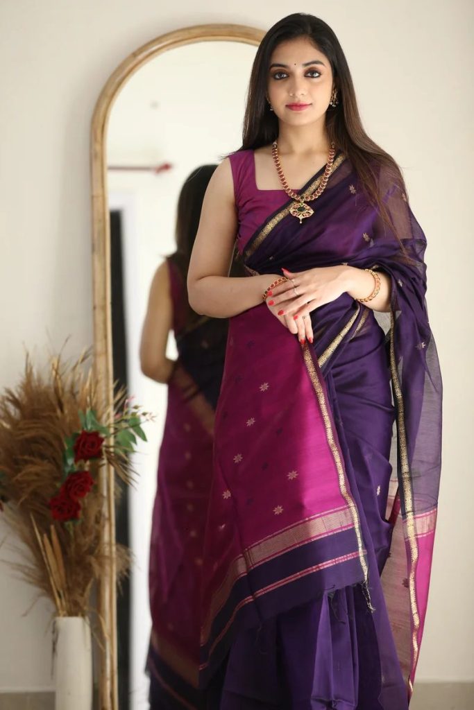 AXONIT Women's Cotton Saree with Zari Motifs & Dual Tone Finish with Unstitched Blouse Piece