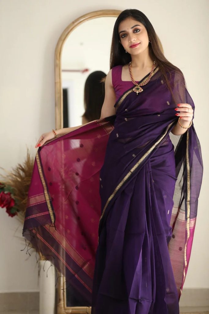 AXONIT Women's Cotton Saree with Zari Motifs & Dual Tone Finish with Unstitched Blouse Piece