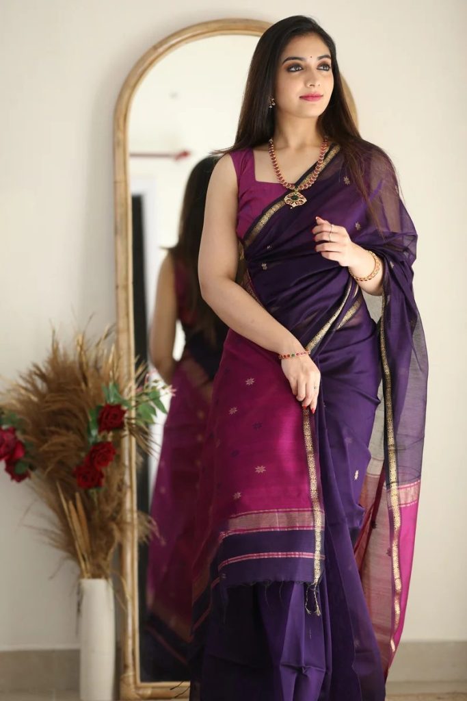 AXONIT Women's Cotton Saree with Zari Motifs & Dual Tone Finish with Unstitched Blouse Piece