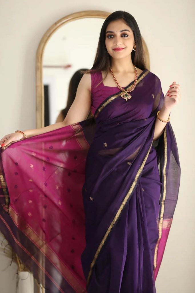 AXONIT Women's Cotton Saree with Zari Motifs & Dual Tone Finish with Unstitched Blouse Piece