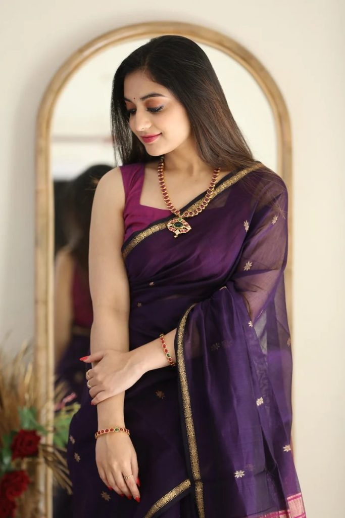 AXONIT Women's Cotton Saree with Zari Motifs & Dual Tone Finish with Unstitched Blouse Piece