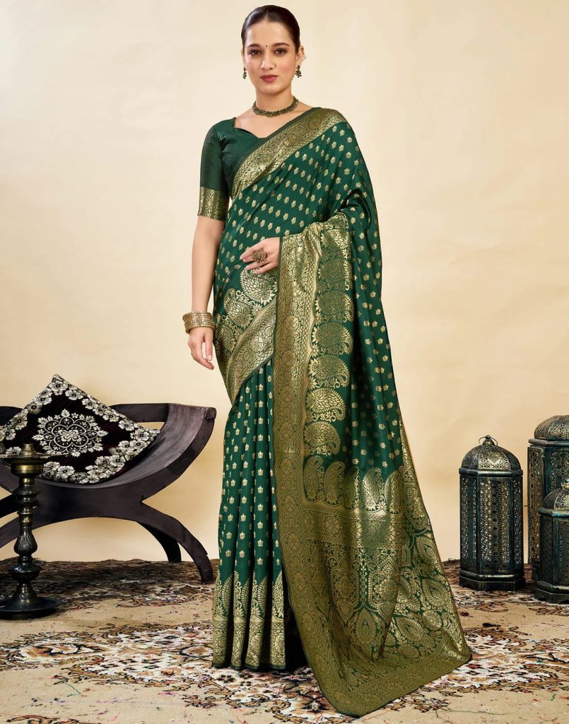 AXONIT Women's Silk Blend Banarasi Jacquard Classic Motif Design Saree with Unstitched Blouse Piece