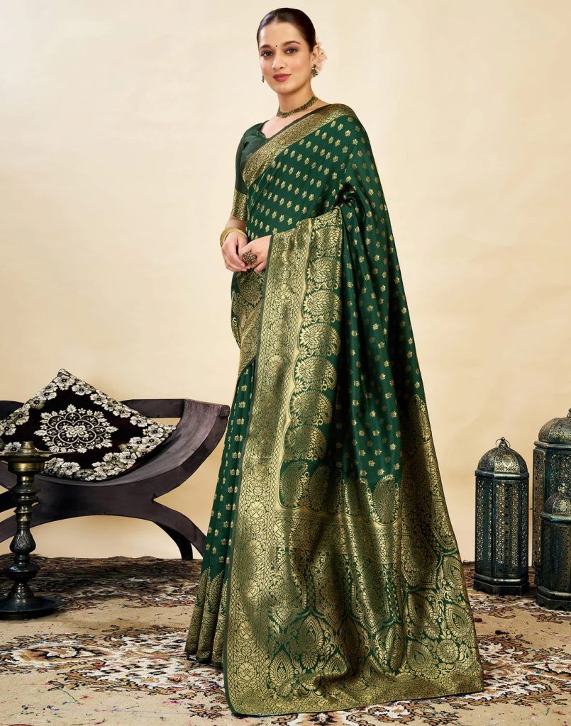 AXONIT Women's Silk Blend Banarasi Jacquard Classic Motif Design Saree with Unstitched Blouse Piece
