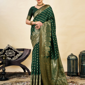 AXONIT Women's Silk Blend Banarasi Jacquard Classic Motif Design Saree with Unstitched Blouse Piece