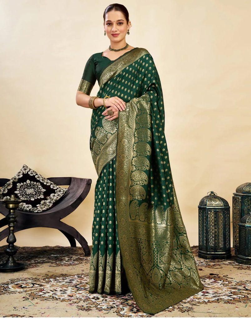 AXONIT Women's Silk Blend Banarasi Jacquard Classic Motif Design Saree with Unstitched Blouse Piece