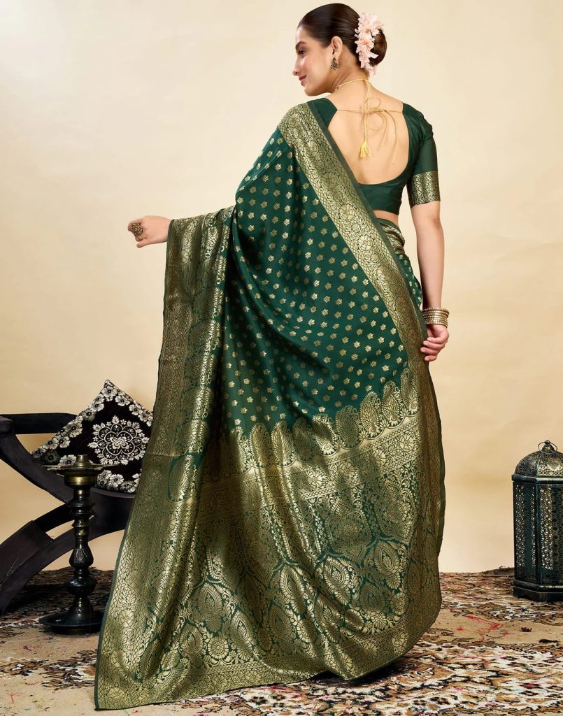 AXONIT Women's Silk Blend Banarasi Jacquard Classic Motif Design Saree with Unstitched Blouse Piece