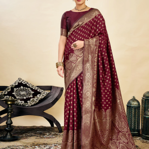 AXONIT Women's Silk Blend Banarasi Jacquard Classic Motif Design Saree with Unstitched Blouse Piece