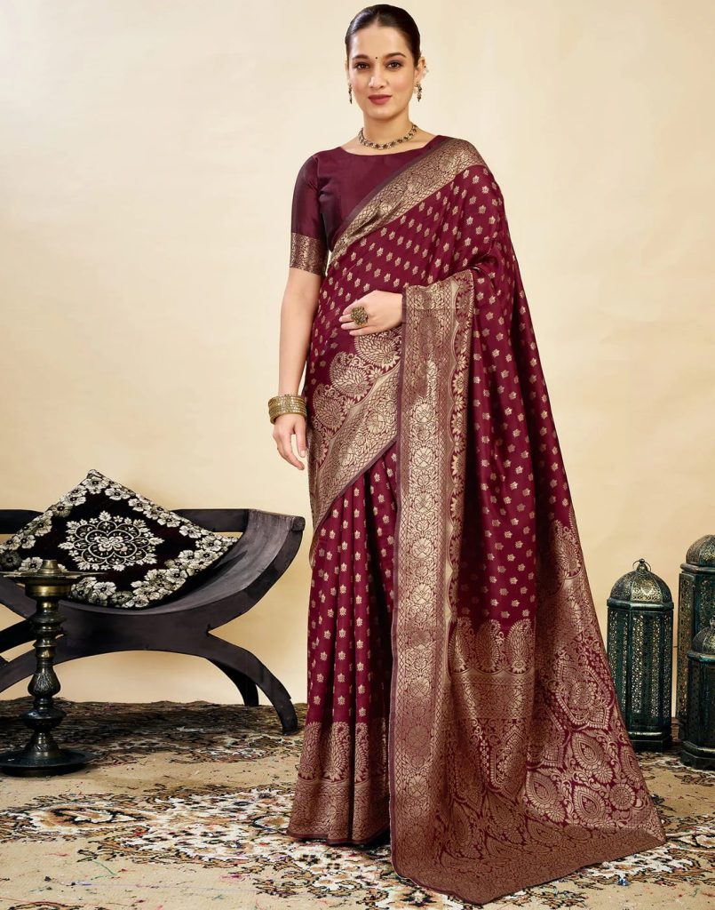 AXONIT Women's Silk Blend Banarasi Jacquard Classic Motif Design Saree with Unstitched Blouse Piece