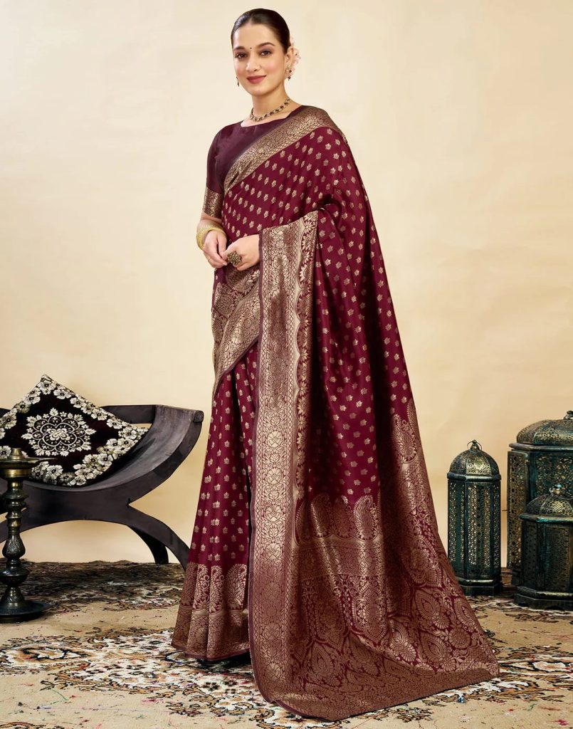 AXONIT Women's Silk Blend Banarasi Jacquard Classic Motif Design Saree with Unstitched Blouse Piece