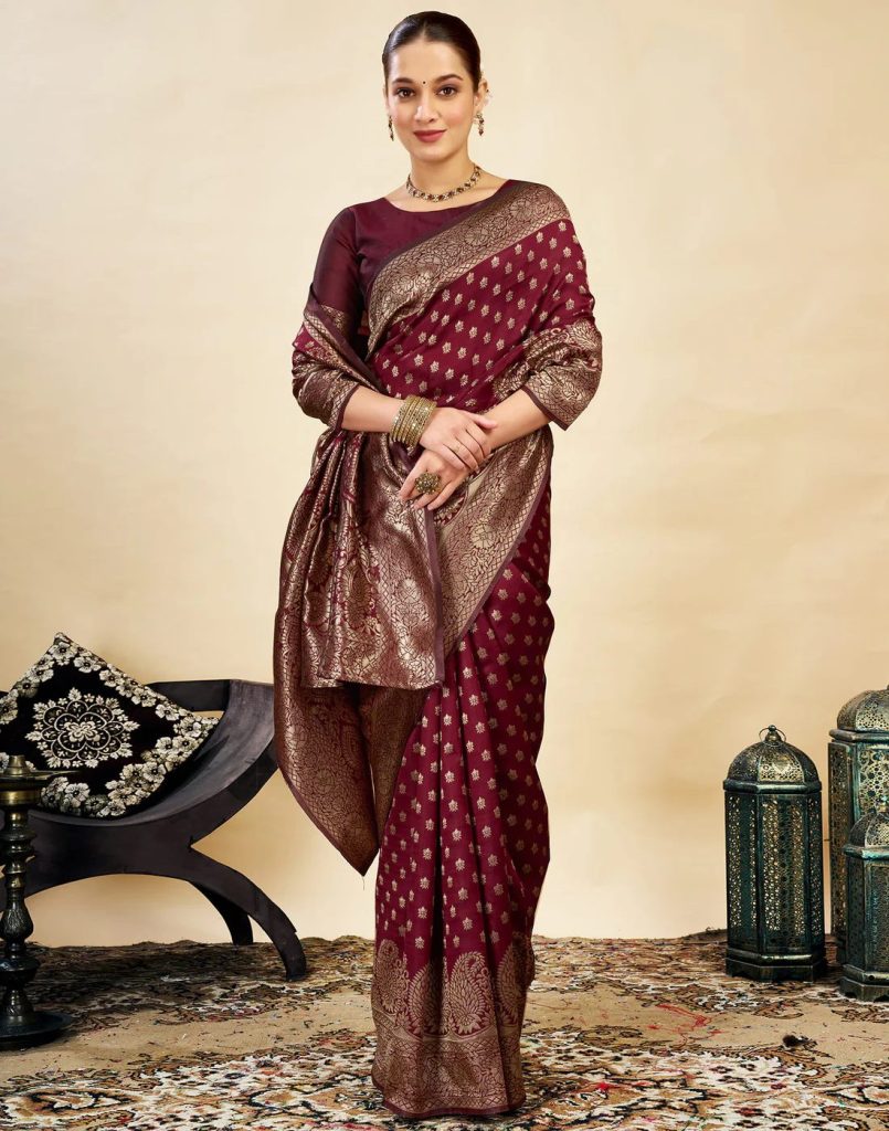 AXONIT Women's Silk Blend Banarasi Jacquard Classic Motif Design Saree with Unstitched Blouse Piece
