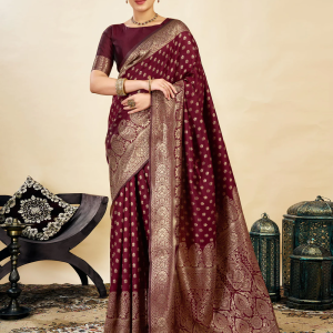 AXONIT Women's Silk Blend Banarasi Jacquard Classic Motif Design Saree with Unstitched Blouse Piece
