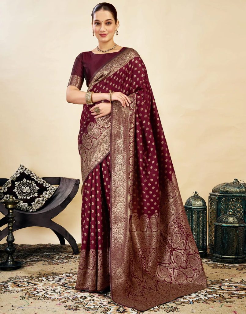 AXONIT Women's Silk Blend Banarasi Jacquard Classic Motif Design Saree with Unstitched Blouse Piece