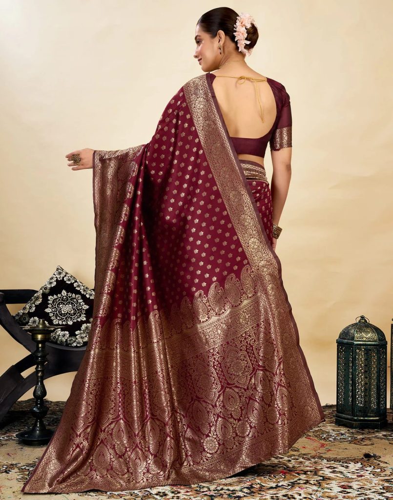 AXONIT Women's Silk Blend Banarasi Jacquard Classic Motif Design Saree with Unstitched Blouse Piece