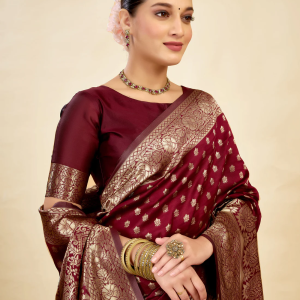AXONIT Women's Silk Blend Banarasi Jacquard Classic Motif Design Saree with Unstitched Blouse Piece