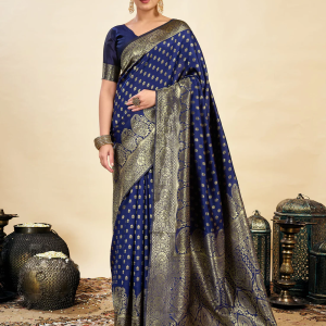 AXONIT Women's Silk Blend Banarasi Jacquard Classic Motif Design Saree with Unstitched Blouse Piece