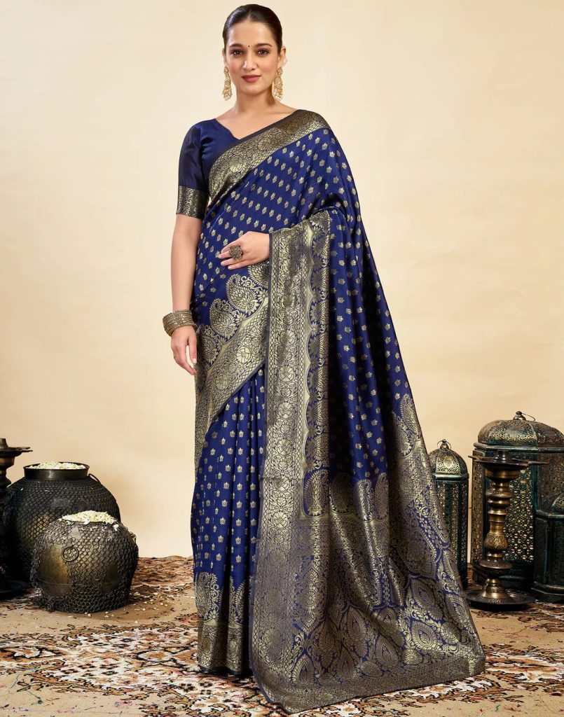 AXONIT Women's Silk Blend Banarasi Jacquard Classic Motif Design Saree with Unstitched Blouse Piece