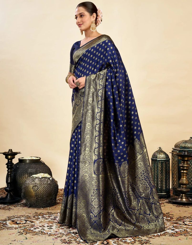 AXONIT Women's Silk Blend Banarasi Jacquard Classic Motif Design Saree with Unstitched Blouse Piece