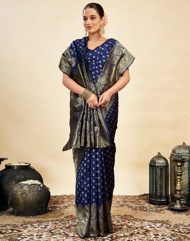 AXONIT Women's Silk Blend Banarasi Jacquard Classic Motif Design Saree with Unstitched Blouse Piece