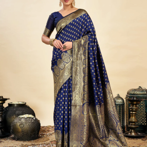 AXONIT Women's Silk Blend Banarasi Jacquard Classic Motif Design Saree with Unstitched Blouse Piece