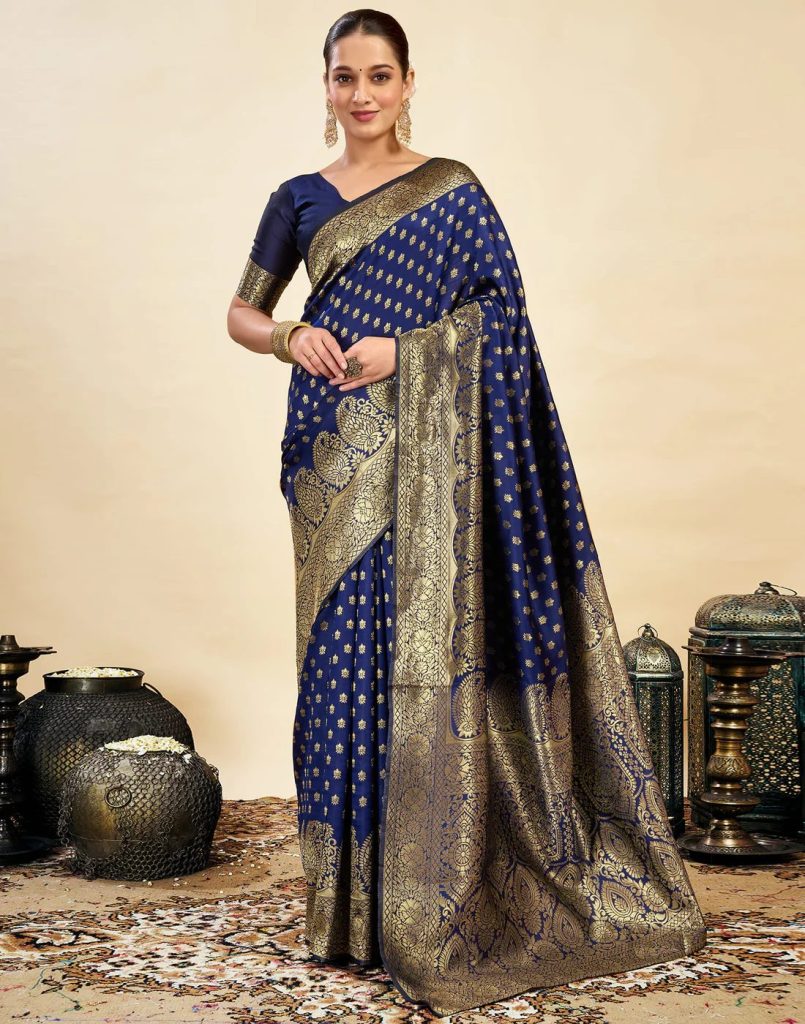 AXONIT Women's Silk Blend Banarasi Jacquard Classic Motif Design Saree with Unstitched Blouse Piece