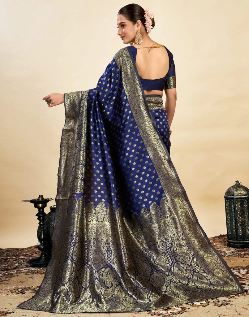 AXONIT Women's Silk Blend Banarasi Jacquard Classic Motif Design Saree with Unstitched Blouse Piece