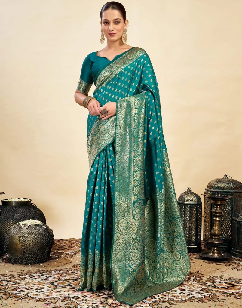 AXONIT Women's Silk Blend Banarasi Jacquard Classic Motif Design Saree with Unstitched Blouse Piece