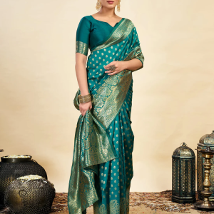 AXONIT Women's Silk Blend Banarasi Jacquard Classic Motif Design Saree with Unstitched Blouse Piece