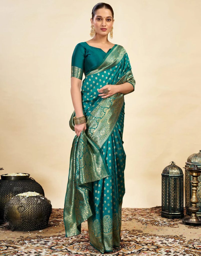 AXONIT Women's Silk Blend Banarasi Jacquard Classic Motif Design Saree with Unstitched Blouse Piece