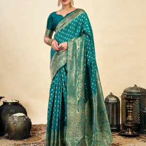 AXONIT Women's Silk Blend Banarasi Jacquard Classic Motif Design Saree with Unstitched Blouse Piece