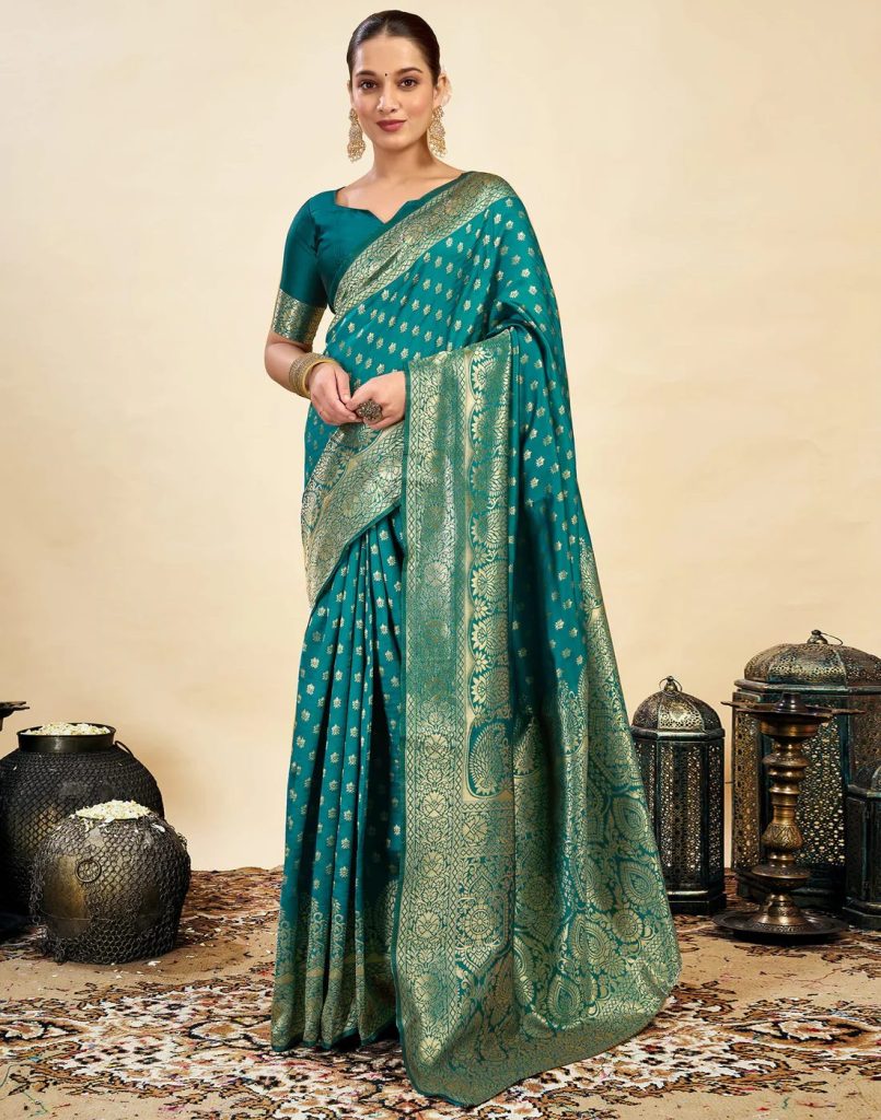 AXONIT Women's Silk Blend Banarasi Jacquard Classic Motif Design Saree with Unstitched Blouse Piece