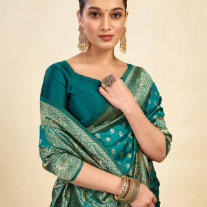 AXONIT Women's Silk Blend Banarasi Jacquard Classic Motif Design Saree with Unstitched Blouse Piece