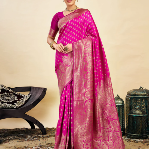AXONIT Women's Silk Blend Banarasi Jacquard Classic Motif Design Saree with Unstitched Blouse Piece