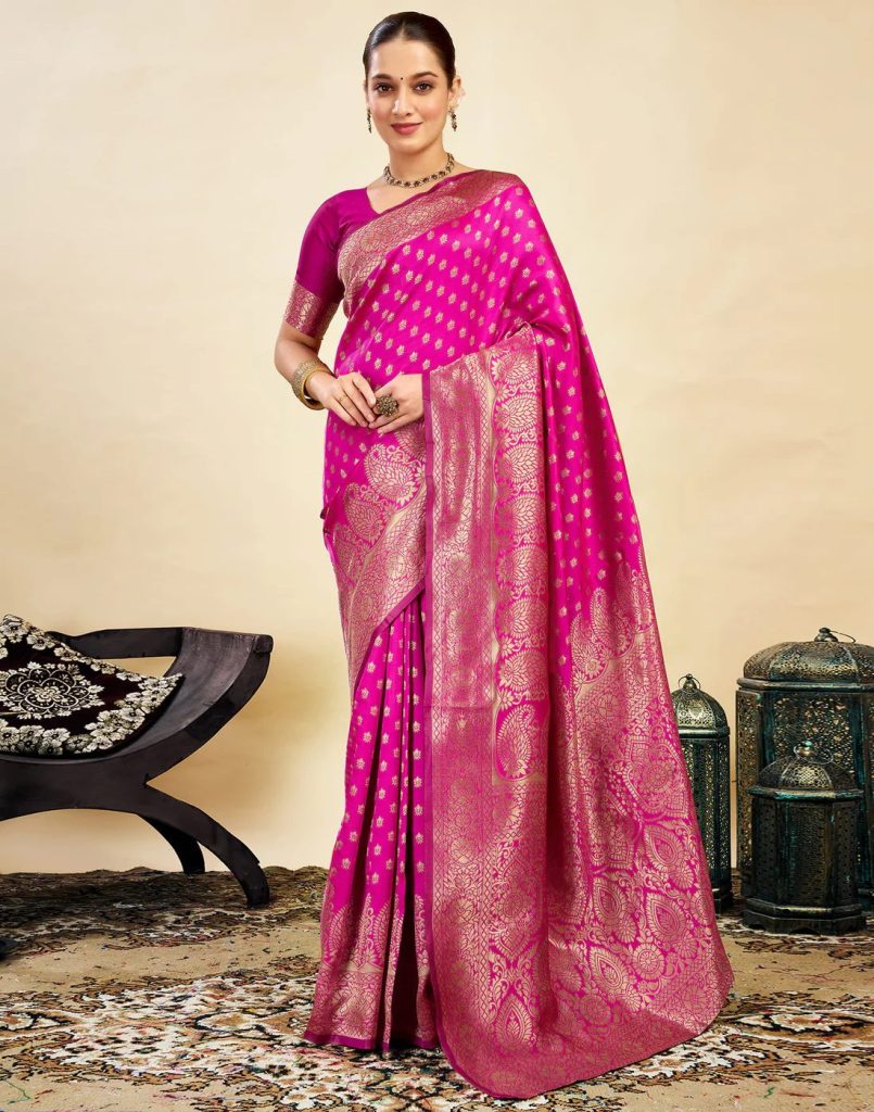 AXONIT Women's Silk Blend Banarasi Jacquard Classic Motif Design Saree with Unstitched Blouse Piece