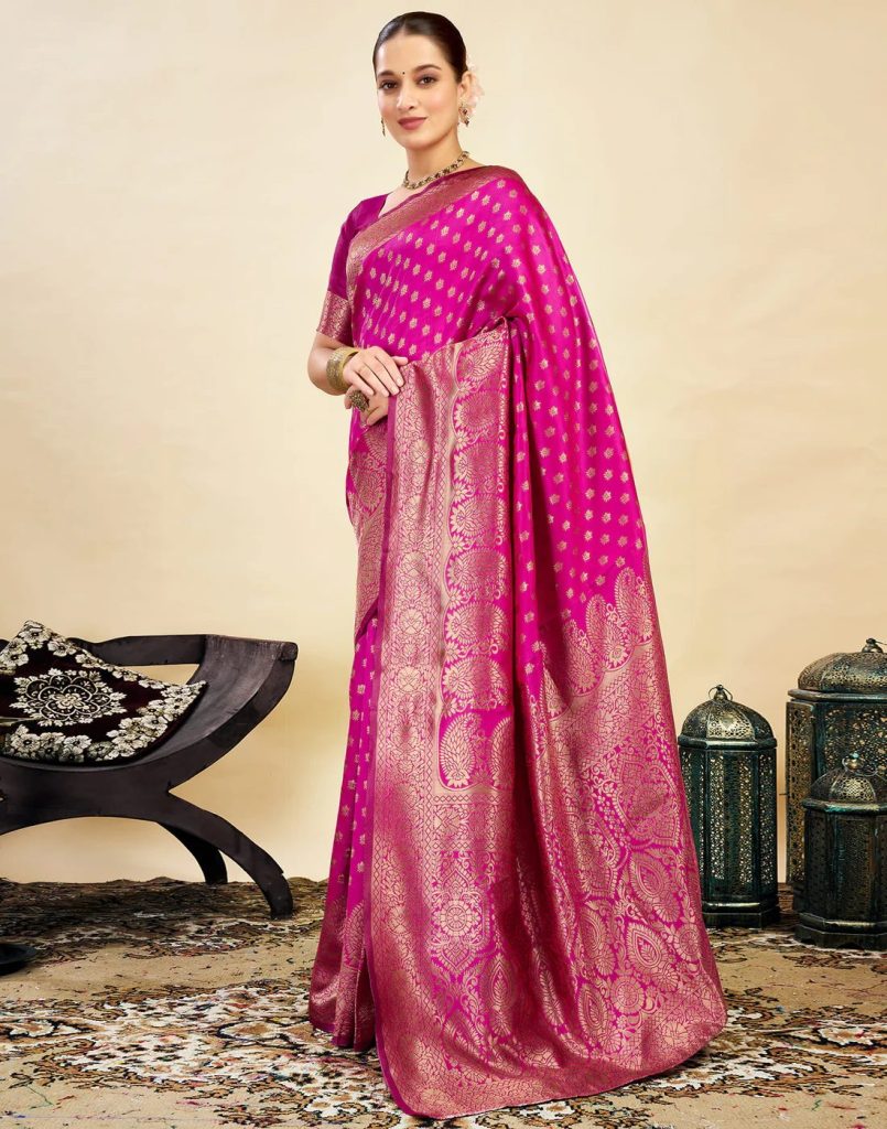 AXONIT Women's Silk Blend Banarasi Jacquard Classic Motif Design Saree with Unstitched Blouse Piece
