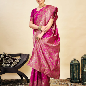 AXONIT Women's Silk Blend Banarasi Jacquard Classic Motif Design Saree with Unstitched Blouse Piece