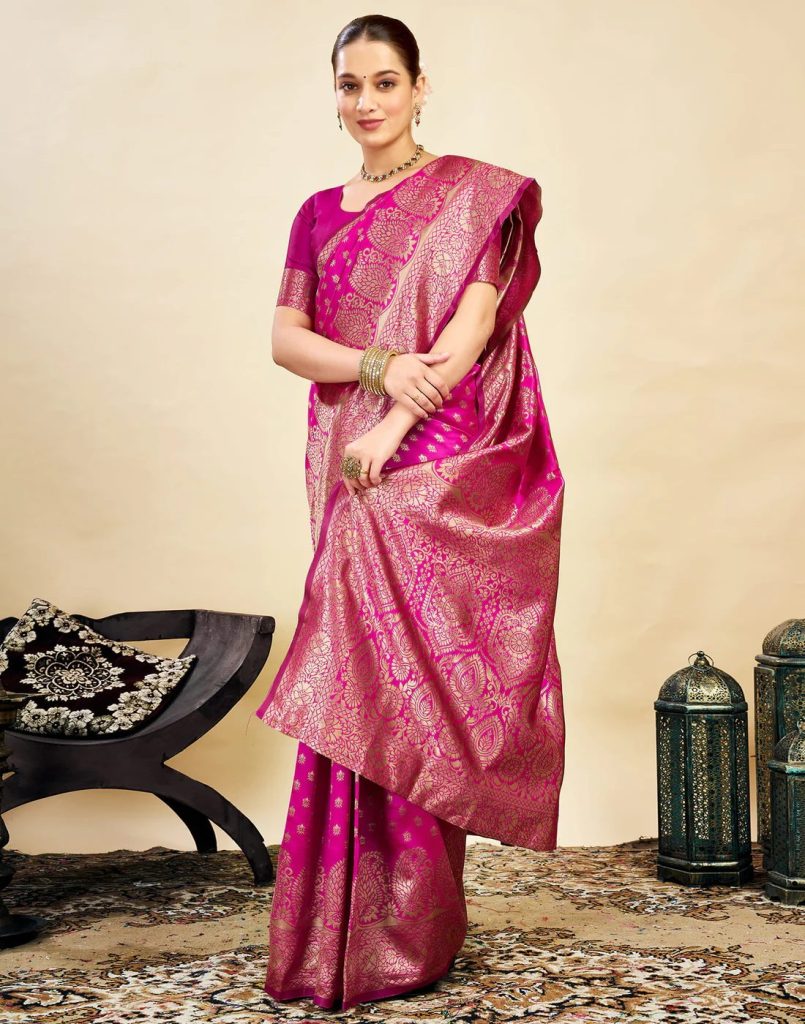 AXONIT Women's Silk Blend Banarasi Jacquard Classic Motif Design Saree with Unstitched Blouse Piece