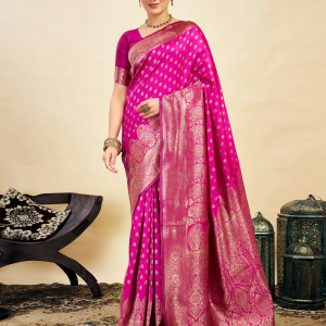 AXONIT Women's Silk Blend Banarasi Jacquard Classic Motif Design Saree with Unstitched Blouse Piece