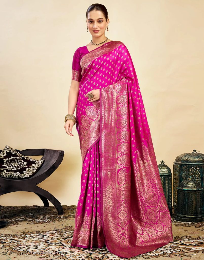 AXONIT Women's Silk Blend Banarasi Jacquard Classic Motif Design Saree with Unstitched Blouse Piece