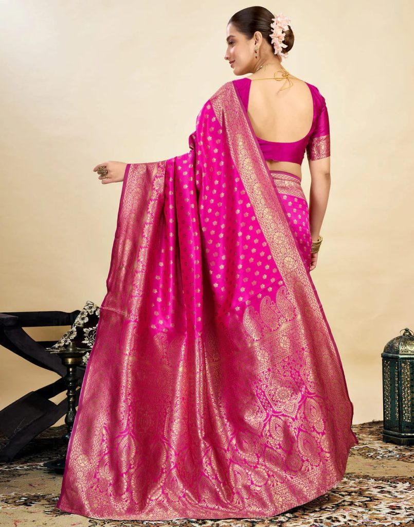 AXONIT Women's Silk Blend Banarasi Jacquard Classic Motif Design Saree with Unstitched Blouse Piece