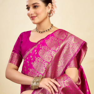 AXONIT Women's Silk Blend Banarasi Jacquard Classic Motif Design Saree with Unstitched Blouse Piece