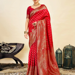 AXONIT Women's Silk Blend Banarasi Jacquard Classic Motif Design Saree with Unstitched Blouse Piece