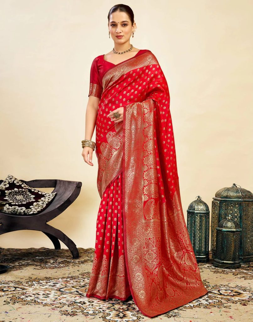 AXONIT Women's Silk Blend Banarasi Jacquard Classic Motif Design Saree with Unstitched Blouse Piece