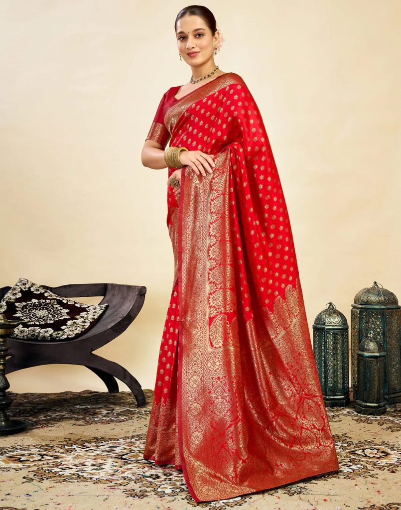 AXONIT Women's Silk Blend Banarasi Jacquard Classic Motif Design Saree with Unstitched Blouse Piece