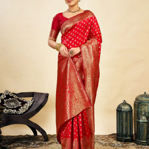 AXONIT Women's Silk Blend Banarasi Jacquard Classic Motif Design Saree with Unstitched Blouse Piece