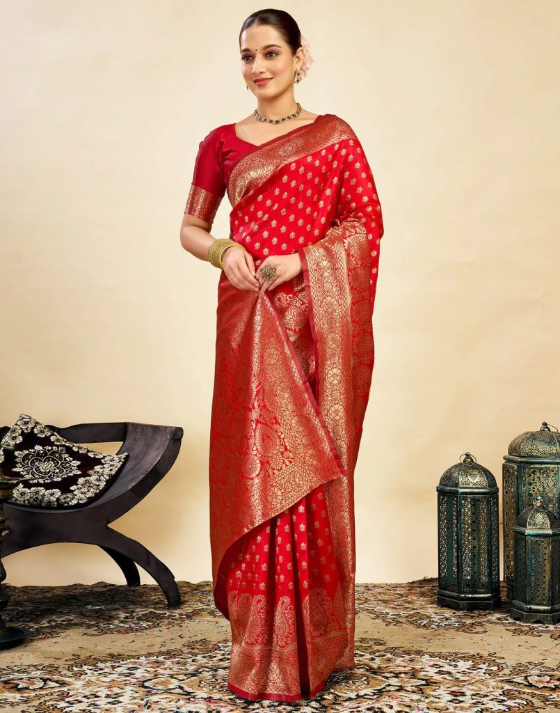 AXONIT Women's Silk Blend Banarasi Jacquard Classic Motif Design Saree with Unstitched Blouse Piece