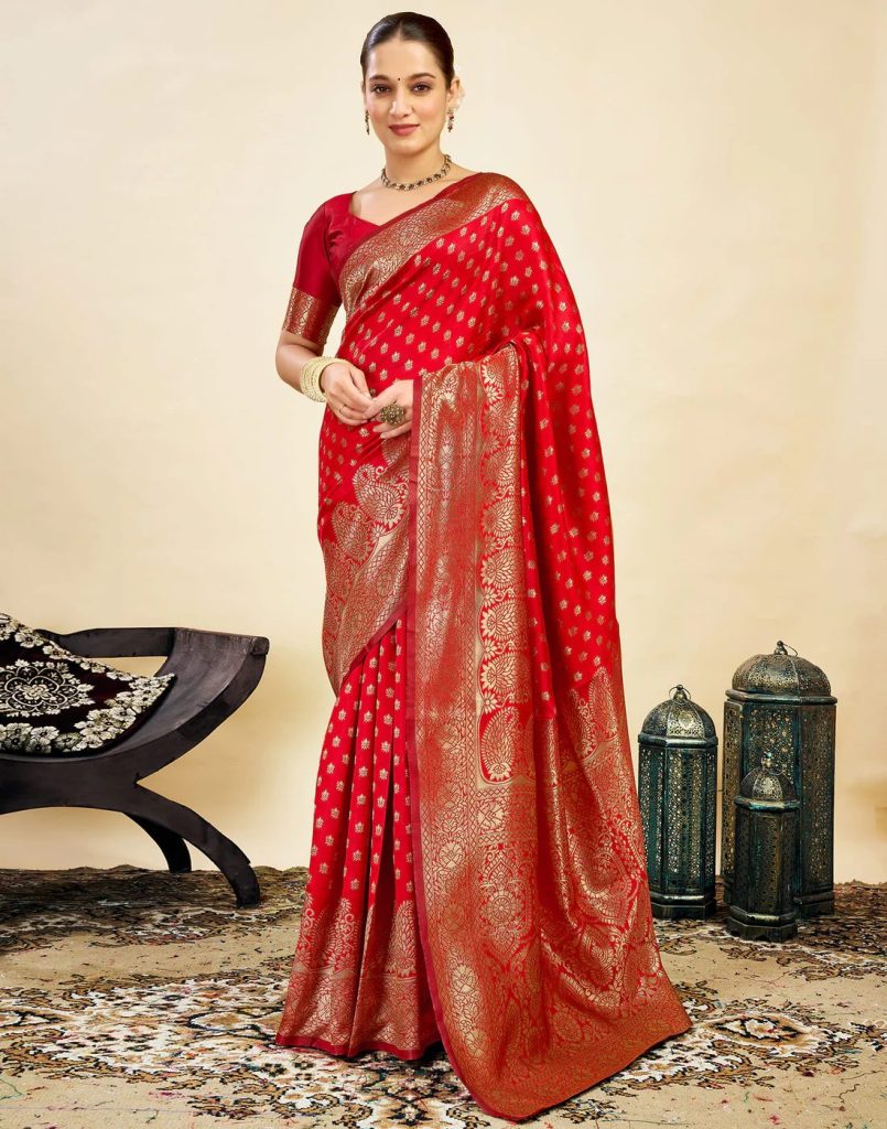 AXONIT Women's Silk Blend Banarasi Jacquard Classic Motif Design Saree with Unstitched Blouse Piece