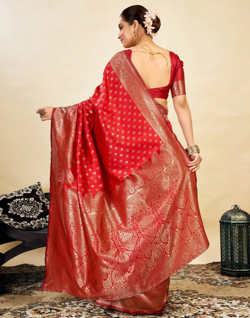 AXONIT Women's Silk Blend Banarasi Jacquard Classic Motif Design Saree with Unstitched Blouse Piece